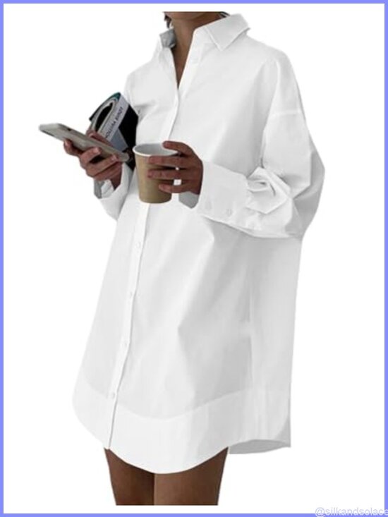 Dresses & Skirts - Women's V Neck Casual Shirt Dress Collar Button Down Loose Long Sleeve Mini